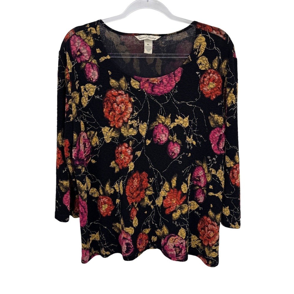 Vintage Y2K French Laundry‎ Fall Floral Top Womens XL Black Crepe Acetate